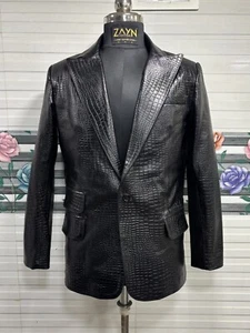 Men's Real Leather Croco Embossed Blazer Single Button Long Lapel Black Coat - Picture 1 of 16