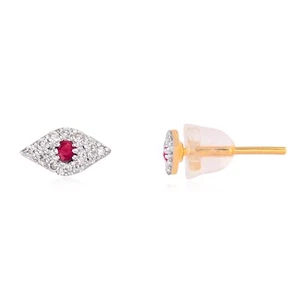 Ruby Gemstone Evil Eye 14K Gold Wedding Stud Earrings Diamond Pave Fine Jewelry - Picture 1 of 6