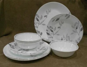 ❤️ 12-pc Corelle MISTY LEAVES DINNERWARE SET Plates Bowls *Gray Grey Watercolors - Picture 1 of 7