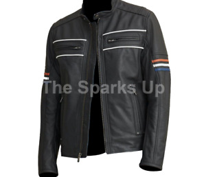 New Men's Classic Multi Color Arm Strips Café Racer Biker Style Leather Jacket