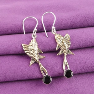 925 Silver Root Chakra Black Onyx Stone Boho Bezel Anniversary Dangle Earrings - Picture 1 of 6