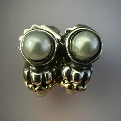 Lagos Caviar Sterling Silver & 18K 750 Gold Pearl Omega Back Stud Earrings 10.3g - Image 1 of 4