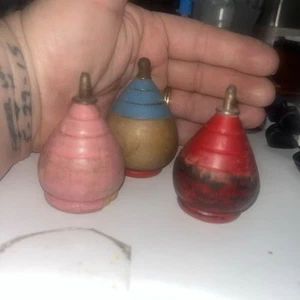 Antique vintage Wooden Spinner Tops with Metal Tips Set of 3 - Picture 1 of 6