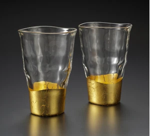 【Juego de 2】Vaso Vidrio Dorado Japón Hecho a Mano Par Set Hoja de Oro - Imagen 1 de 7