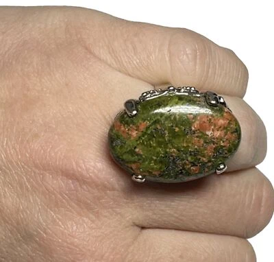 Anillo de nudillo cabujón ovalado alargado ajustable Unakite P1841 Foto 1 de 4