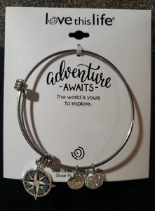 NEW LOVE THIS LIFE "ADVENTURE AWAITS" BANGLE BRACELET SILVER PLATED CHARMS, NWTS - Picture 1 of 12