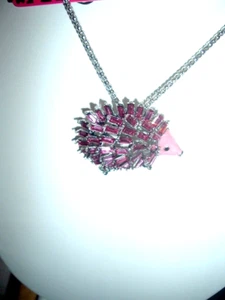 Betsey Johnson PINK Crystal Baguette HEDGEHOG Gold Pendant NECKLACE+ BROOCH NWT - Picture 1 of 5