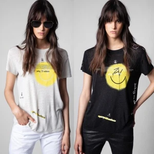 Women French Zadig&Voltaire Smiling Face Letter Flax ZV Short Sleeve T-Shirt SML - Picture 1 of 26