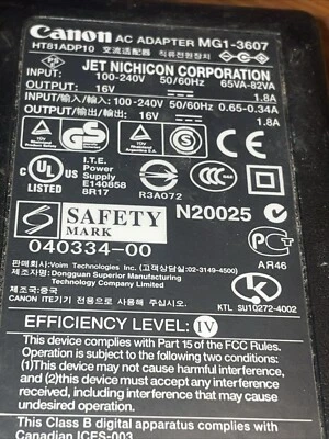 Genuine OEM Canon Printer AC Adapter Power Supply MG1-3607 16V 1.8A - Image 1 of 4