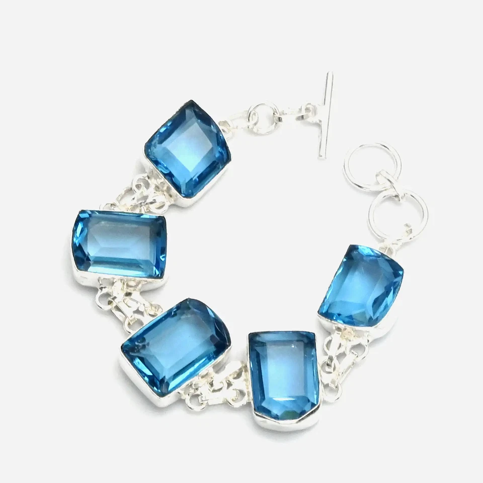 Blue Topaz Gemstone Handmade Bracelet Jewelry 26 Gms Gift For Christmas AB 26052 - Image 1 of 1