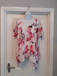 Roman Pink Floral Floaty Cold Shoulder Sheer Top Summer Holiday Size 12 - Picture 1 of 11