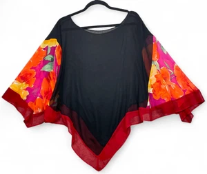 Harari Silk Poncho Top Womens L Black Red Floral Sheer Blouse Topper Art To Wear - Picture 1 of 6