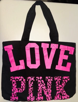 Bolso de Mano Victoria’s Secret ROSA Logo Rosa y Negro Logo Leopardo Lona 👜✈️ Usado en Excelente Condición Foto 1 de 4