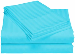 100% Egyptian Cotton 600-TC Deep Pocket Full Sheet Set Turquoise Stripe - Picture 1 of 1