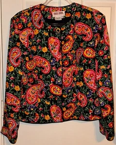 Maggy London 100% Silk Blouse/Jacket Black/Red Floral Gold Buttons Womens 14 - Picture 1 of 5