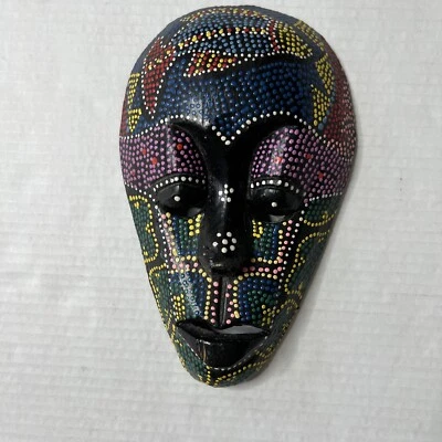 Máscara de madera tallada a mano arte indonesio punto 10” vibrante pintada a mano decoración pared Foto 1 de 3