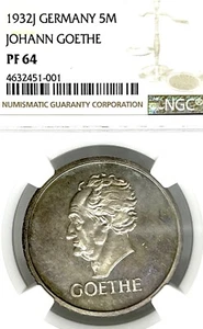 Germany Weimar Republic 1932 J 5 Mark GOETHE Thaler NGC PF 64 PROOF PP TOP POP - Picture 1 of 3