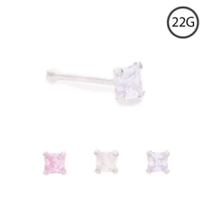 925 Sterling Silver Nose Bone Stud Ring CZ Square 22G - Picture 1 of 1