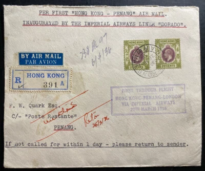 1938 Hong Kong Primer Vuelo Correo Aéreo Cubierta FFC a Penang Malaya Dorado Liner Foto 1 de 2