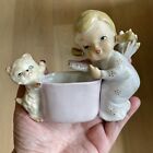 Bath Time For Kitty Cat Vintage Pigtail Angel Planter Figurine Pink Kitten