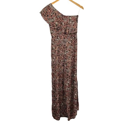 Nasty Gal Womens One on One Floral Jumpsuit Sz 2 Brown One Shoulder Side Slits - Image 1 of 4