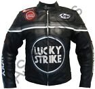 Men's Vintage Lucky Strike Racing Motorcycle Sheep Leather Black Biker Jacket
