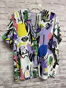 Jodifl Women’s Blouse Short Sleeve Graffiti V Neck Size Large  - Picture 1 of 4