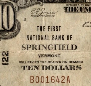1929 $10 First National Bank of Springfield Vermont Note - CH# 122 - Picture 1 of 3