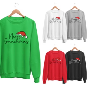 Christmas Sweatshirt Merry Grinchmas Xmas Printed Santa Hat Unisex Jumper Top - Picture 1 of 31