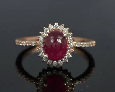 Natural Ruby Cabochon Gemstone 14K Rose Gold Plating 925 Silver Wedding Ring  - Image 1 of 4