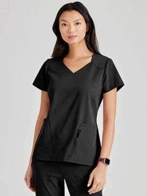 Barco Scrubs #BUT156 V 领细节磨砂上衣,黑色,尺寸 L — 第 1/2 张图片