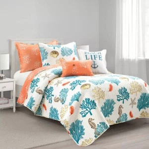 Coral Starfish Beach Life Coastal Nautical 5 pc Quilt Coverlet Set Twin XL Bed - Picture 1 of 7