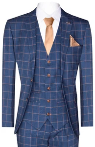 Uomo 3 Pezzi Abito Oro Blu Quadri Peaky Blinders 1920 Gatsby Smart Vintage Suit - Picture 1 of 7