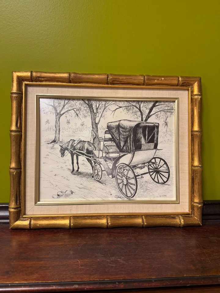 Vintage Horse Carriage Drawing Signed E Vidal Gold Wood Bamboo Style Gold Frame - Image 1 of 4