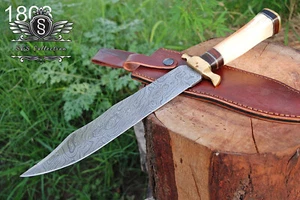 Custom Handmade Damascus Steel Hunting Bowie Knife With Premium Leather Cover, - Picture 1 of 5