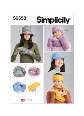 SIMPLICITY 9658 MISSES HATS MITTENS COWL SCARVES Sewing Pattern Sizes S -M- L - Image 1 of 4