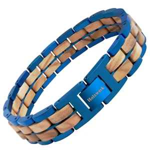 Holzwerk OBERSEE Damen Herren Holz & Edelstahl Armband Gliederarmband blau beige - Bild 1 von 7