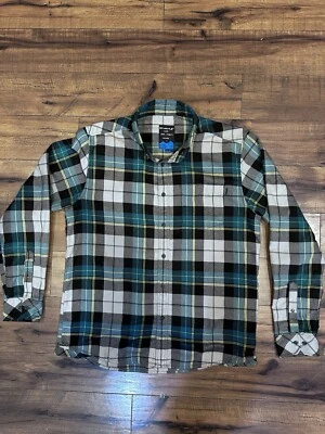Редкая клетчатая фланелевая рубашка Kavu мужская L на пуговицах цвет морской волны синий черный с длинным рукавом на кнопках - Изображение 1 из 4