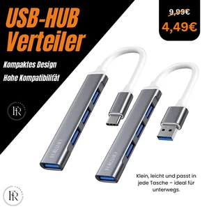 USB Hub 4 in 1 USB C 3.0 Adapter Verteiler Kabel 4 Ports Laptop Smartphone - Bild 1 von 16