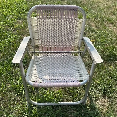 Vintage Aluminum Frame Folding Chair Hand Woven Macrame Seat Pink WhiteChild Kid - Image 1 of 4