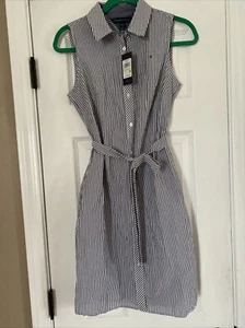 Tommy Hilifiger Belted Shirt Dress Striped Size 4 With Pockets NWT - Picture 1 of 7