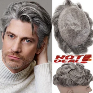 Mens Toupee Hairpiece V-loop 0.03mm Thin Skin Human Hair Replacement System GREY - Picture 1 of 39