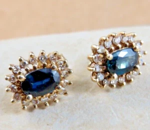 10k Yellow Gold Natural Blue Sapphire & Diamond Halo Post Earrings 2.3g #234 - Picture 1 of 22