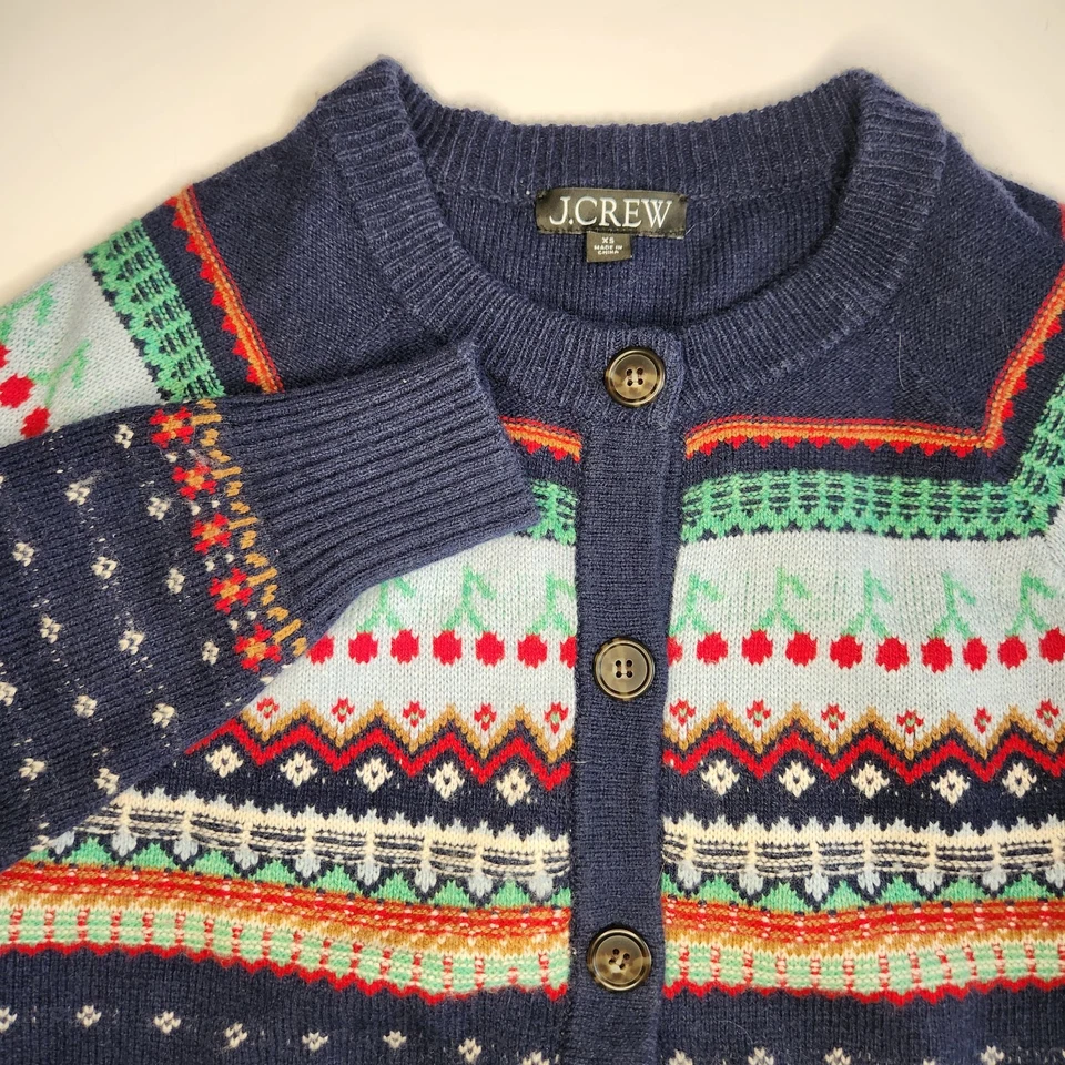 JCrew Wool Blue Fair Isle Cherry Knit Cardigan Sweater Womens XS - Image 1 of 4