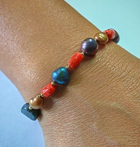 Bracciale donna vero corallo rosso di Sardegna perla naturale argento 925 oro - Imagen 1 de 15
