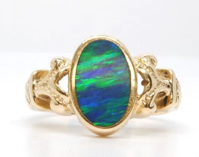 14K 黄金 OVAL OPAL SIGNET GEMSTONE 右手戒指 ESTATE 尺寸 6.25 — 第 1/4 张图片