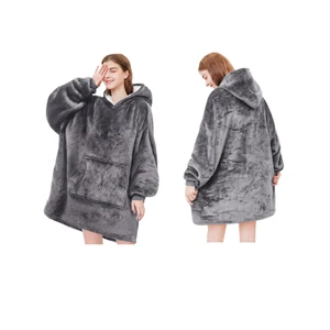 Oversized Hoodie Blanket Womens OS Long Sleeve Gray Ultra Soft Sherpa Fleece - Picture 1 of 11