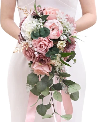 9.8 Inch Wedding Bouquets for Bride Bridesmaid, Dusty Pink Peonies Bridal Bouque - Image 1 of 4