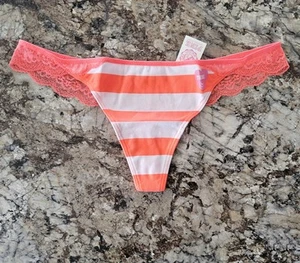 NWT Victoria's Secret PINK Striped Floral Lace Medium Rare Vintage Thong Panties - Picture 1 of 6