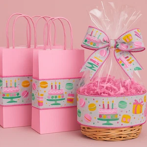 Pink Birthday Cake & Sweets Ribbon 2.5" Wired Edge – Party, Crafts & Gift Wrap - Picture 1 of 8